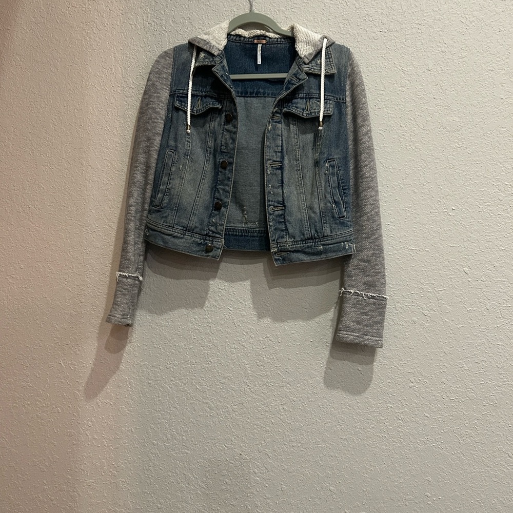 Free People Blue and Gray Jean Jacket with removable hood